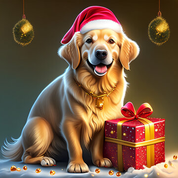 golden retriever with christmas gift