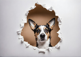Dog looking up in paper side torn hole, isolated on white background. Generative AI