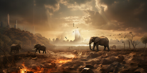Elephants at dusk HD 8K wallpaper Stock Photographic image,Concept of balance between technology and wildlife conservation