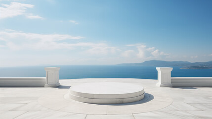 An image of a white marble podium with a scenic sea view as its backdrop, captured in high quality. Augmented by Generative AI.