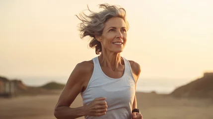 Foto op Canvas fit and happy middle aged woman running on the beach - 40s or 50s attractive mature lady with grey hair doing jogging workout enjoying fitness and healthy lifestyle at beautiful sea landscape © PaulShlykov
