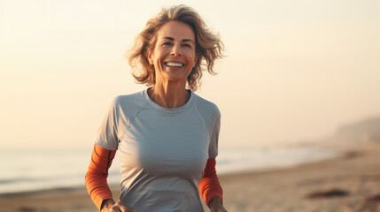 fit and happy middle aged woman running on the beach - 40s or 50s attractive mature lady with grey hair doing jogging workout enjoying fitness and healthy lifestyle at beautiful sea landscape - obrazy, fototapety, plakaty
