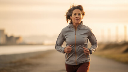 fit and happy middle aged woman running on the beach - 40s or 50s attractive mature lady with grey hair doing jogging workout enjoying fitness and healthy lifestyle at beautiful sea landscape