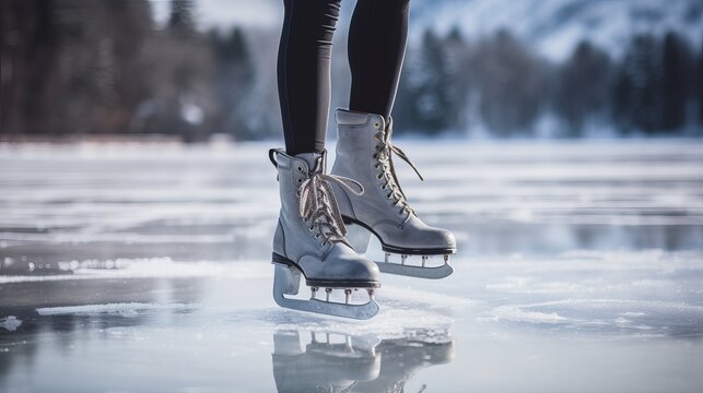Lady binding ice skates at the edge of a solidified lake. Trimmed picture of a lady putting ice skates on