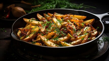 Heated potatoes with garlic, herbs and fricasseed chanterelles in a cast press skillet. beat see