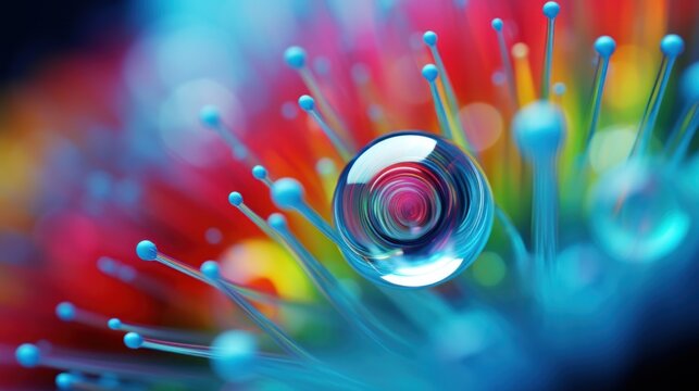 A colorful water droplet is in the center of a flower, AI