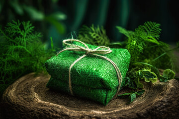 Generative AI illustration of folded green sack gift pack tied and placed on rock with green plant against green background in daylight
