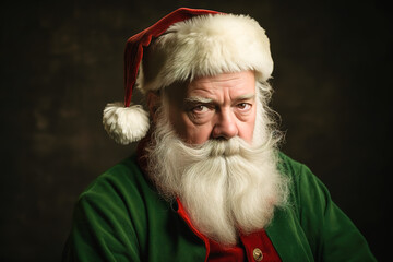 Generative AI illustration portrait of confident bearded Santa with gray hair in Christmas cap and green cozy clothes looking at camera against dark grey background