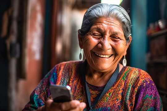 Generative AI image of portrait of smiling elderly Asian female with closed eyes while standing and holding smartphone in hand in daylight against blurred interior