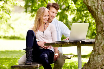 Park, laptop or relax couple smile, reading or watch online movie, social network post or video in...