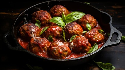 Meatballs in tomato sauce in a broiling skillet on dull foundation. beat see, level lay.