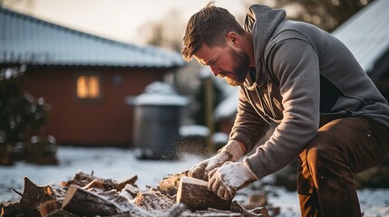 Man chopping wood on cold yard for a house chimney with overwhelming snowflakes foundation . Winter...