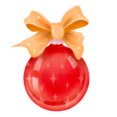 Cute red Christmas ball with golden bow. Digital watercolor. 