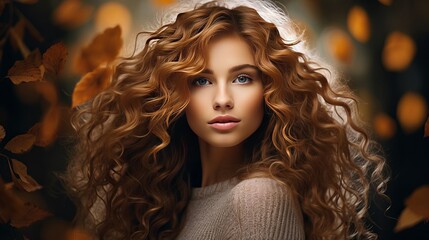 Fototapeta premium Lovely youthful lady with long wavy hair covering confront with a leaf