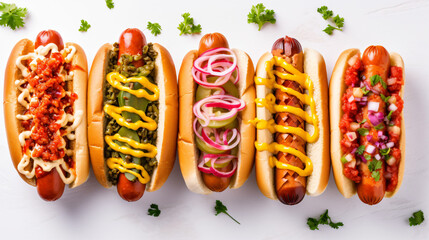 Variety of hot dogs with an assortment of toppings