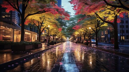 Street encompassed by trees with colorful clears out amid drop