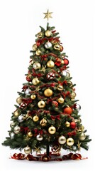 Decorated Christmas tree with colorful lights and ornaments on white background