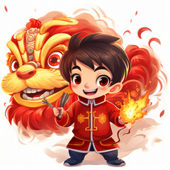 Vector Asian boy celebrate lunar new year with lion