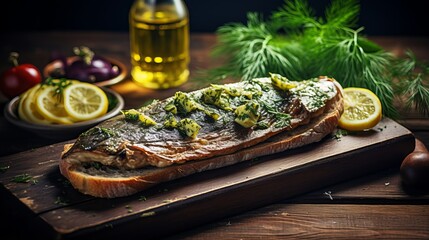 Sandwich - smorrebrod with sprats, green olives and butter on wooden table. danish cooking. beat see, overhead, level lay - obrazy, fototapety, plakaty