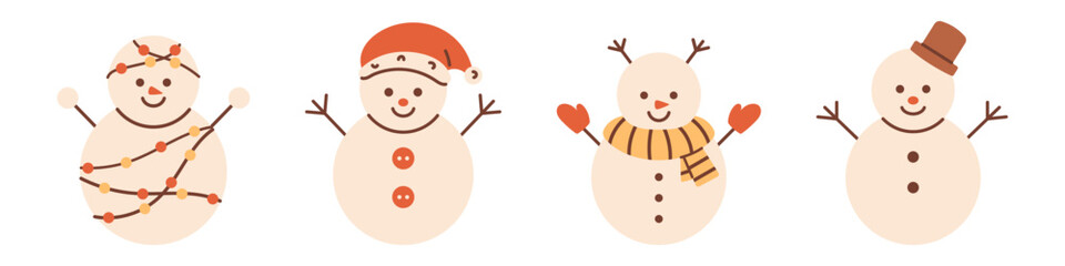 Vector cute smiling snowman set. Christmas funny snowman characters in clothes. Collection of winter snowman wearing hat and scarf.