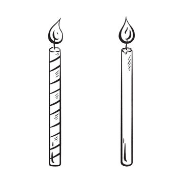 Hand-drawn vector sketch of a birthday candle set, including lit candles with flames. Make a wish. Perfect for birthdays, anniversaries, and celebrations. A must have cake decoration for kids parties