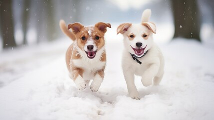 Puppy Jack Russell Terrier and Pooch Nova Scotia Duck Tolling Retriever occasion, Christmas and New Year - obrazy, fototapety, plakaty