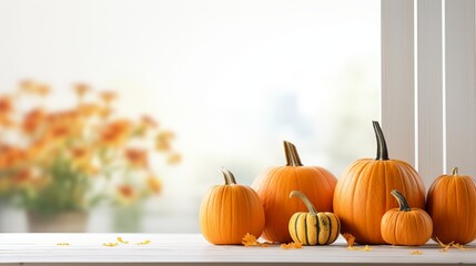 Pumpkins and fallen takes off on white wooden table