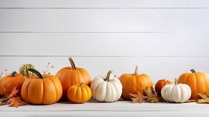 Pumpkins and fallen takes off on white wooden table
