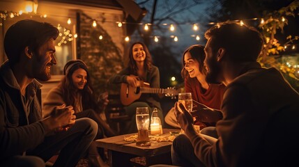 Raise see of youthful companions sitting together on housetop at nightfall. Youthful men and ladies hanging out on porch in evening - obrazy, fototapety, plakaty