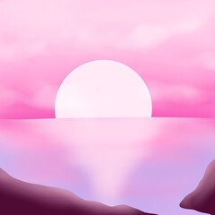 Mountain Sea Beach Landscape Natural View on Sunset Sky Pink Color Graphic Cartoon Wallpaper Background