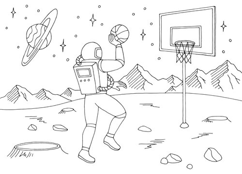 Astronaut play basketball on alien planet graphic black white space landscape sketch illustration vector