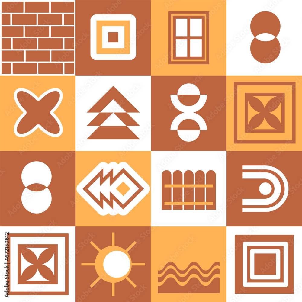 Poster seamless pattern in bauhaus style with geometric elements and stylized construction objects. the pal