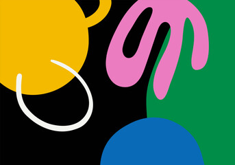 Obraz premium Contemporary art abstract background with colorful hand drawn shapes. Trendy simple groovy backdrop in retro 70s-80s style. Vector collage with various form, figures and graphic elements