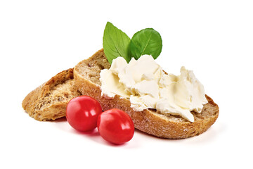 Crostini with cream cheese, isolated on white background. High resolution image.