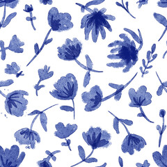Blue Watercolor Soft Flowers Seamless Pattern
