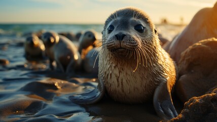 Portrait of a little seal on the beach - obrazy, fototapety, plakaty