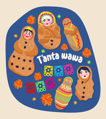T'anta wawa. Bread baby. Traditional peruvian dish. Sweet roll shaped and decorated in form of small child. 