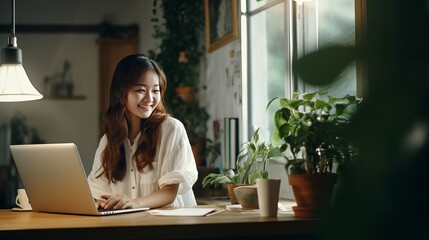 Upbeat young lady sitting on table at domestic