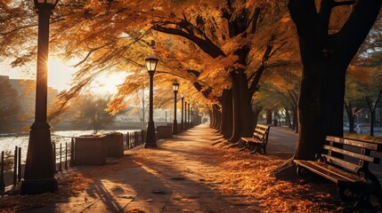 Vertical shot of a breathtaking street in a timberland secured in yellowing trees and dried clears out in autum