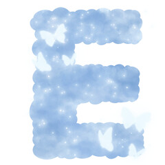cloud blue E alphabet with butterflies and sparkles