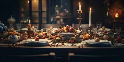 A gourmet meal on a rustic table with fresh vegetables , Indoor celebration candlelight, wine, food, decoration, spirituality, luxury, elegance  Generative Ai