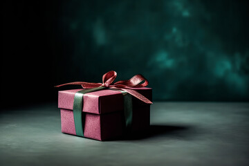 Generative AI illustration of present box wrapped in multicolored ribbons placed on green surface against blurred background