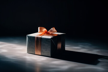 Generative AI illustration of present box wrapped in bright ribbon placed on dark surface against blurred background