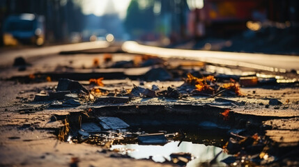 Pothole on the road. Damaged asphalt surface. Hole in a tarmac. Generative AI - obrazy, fototapety, plakaty