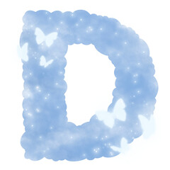 cloud blue D alphabet with butterflies and sparkles