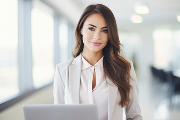 smartly dressed female business woman working in an office, minimalistic, bright lighting 