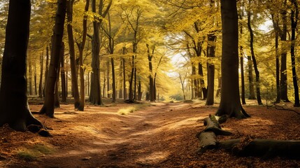 Trees following to each other in a woodland secured in dry yellow clears out