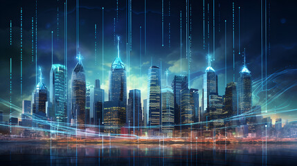 A city skyline in the midst of a digital revolution, with skyscrapers transforming into digital interfaces and currency symbols, portraying the evolution of financial technology. AI generative.