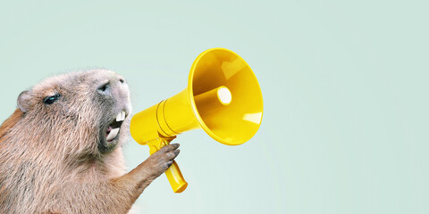 Creative boss capybara holds a yellow loudspeaker in his paw and screams, concept. Advertising and...
