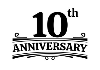 10 years anniversary logo, icon or badge. 10th birthday, jubilee celebration, wedding, invitation card design element. Vector illustration.